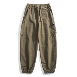 Men's Casual Nylon Cargo Pants with Multiple Pockets - Loose Fit, Solid Color for Spring/Fall
