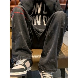Men's Vintage Denim Jeans, Casual Streetwear Straight Leg Loose Pants For Outdoor Spring Fall