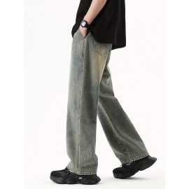 Men's Street Style Wide Leg Denim Jeans, Casual Drawstring Pants, Hip-Hop Loose Fit Jeans