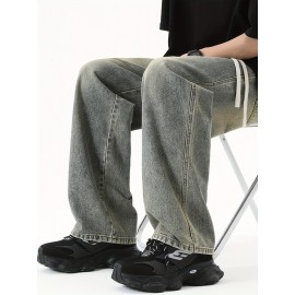 Men's Street Style Wide Leg Denim Jeans, Casual Drawstring Pants, Hip-Hop Loose Fit Jeans