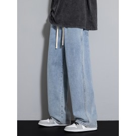 Men's Street Style Wide Leg Denim Jeans, Casual Drawstring Pants, Hip-Hop Loose Fit Jeans