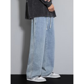 Men's Street Style Wide Leg Denim Jeans, Casual Drawstring Pants, Hip-Hop Loose Fit Jeans
