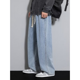 Men's Street Style Wide Leg Denim Jeans, Casual Drawstring Pants, Hip-Hop Loose Fit Jeans