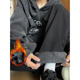 Men's Vintage-Inspired Fleece-Lined Jeans - Casual Straight Leg Denim for Fall/Winter, Machine Washable