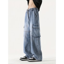 Men's Loose Gradient Color Denim Trousers With Pockets, Causal Drawstring Cotton Blend Jeans For Outdoor Activities
