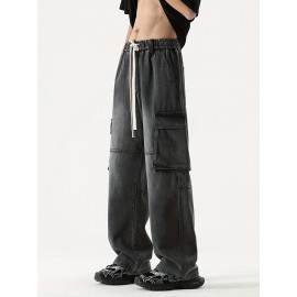 Men's Loose Gradient Color Denim Trousers With Pockets, Causal Drawstring Cotton Blend Jeans For Outdoor Activities