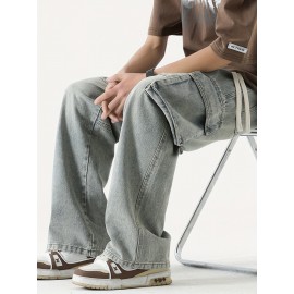 Men's Loose Gradient Color Denim Trousers With Pockets, Causal Drawstring Cotton Blend Jeans For Outdoor Activities