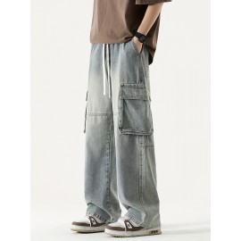 Men's Loose Gradient Color Denim Trousers With Pockets, Causal Drawstring Cotton Blend Jeans For Outdoor Activities