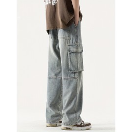 Men's Loose Gradient Color Denim Trousers With Pockets, Causal Drawstring Cotton Blend Jeans For Outdoor Activities