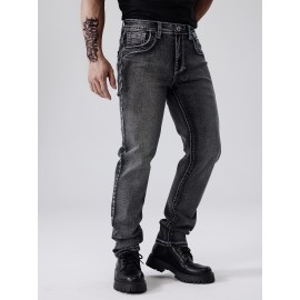 ESDVQ Men's Vintage-Inspired Embroidered Stretch Jeans - Slim Fit, Cotton Blend Denim with Pockets