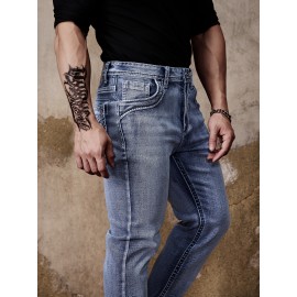 ESDVQ Men's Vintage-Inspired Embroidered Stretch Jeans - Slim Fit, Cotton Blend Denim with Pockets
