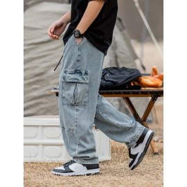 Men's Casual Loose-Fit Jeans with Unique 3D Pocket Design - Cotton Blend, Non-Stretch Denim for Spring/Fall