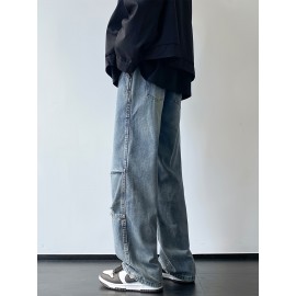 Men'S Casual Denim Jeans with Ripped Details, Mid Waist Regular Fit Non-Stretch Solid Color Jeans with Pockets, Zipper Fly All-Season Cotton Blend Denim for Outdoor Weekend Activities