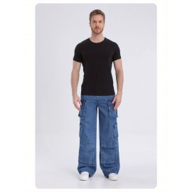 1pc Men'S Geometric-Patterned Multi-Pocket Faux Denim Faux Denim - All-Season Regular Fit Woven Fabric, Comfortable Street Style Basics for Adults