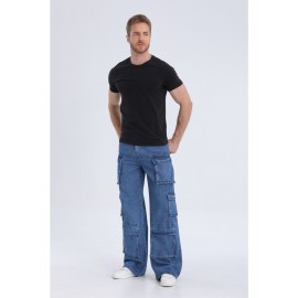 1pc Men'S Geometric-Patterned Multi-Pocket Faux Denim Faux Denim - All-Season Regular Fit Woven Fabric, Comfortable Street Style Basics for Adults