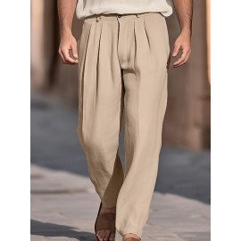 1pc Men'S Casual Wide Leg Pants - Cotton Blend, Solid Color, All-Season, Regular Fit, Slight Stretch, Woven Fabric, Mid Waist with Drawstring and Pleated Front - Versatile for Beach and Daily Wear