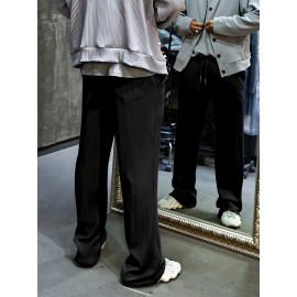 Men's Casual Drawstring Pants - Mid-Waist, Straight Leg, Solid Color Ribbed Design, Polyester Blend, Machine Washable