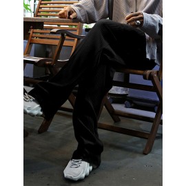 Men's Casual Drawstring Pants - Mid-Waist, Straight Leg, Solid Color Ribbed Design, Polyester Blend, Machine Washable