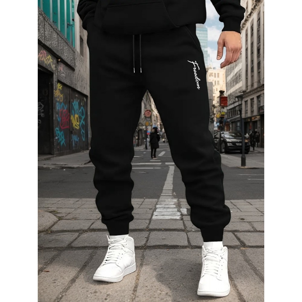 1pc Men'S Casual Sweatpants with Signature Print, 50% Cotton 50% Polyester Knit Fabric, Elastic Waist with Drawstring, Regular Fit for Weekend Casual Wear, Fall/Winter Collection