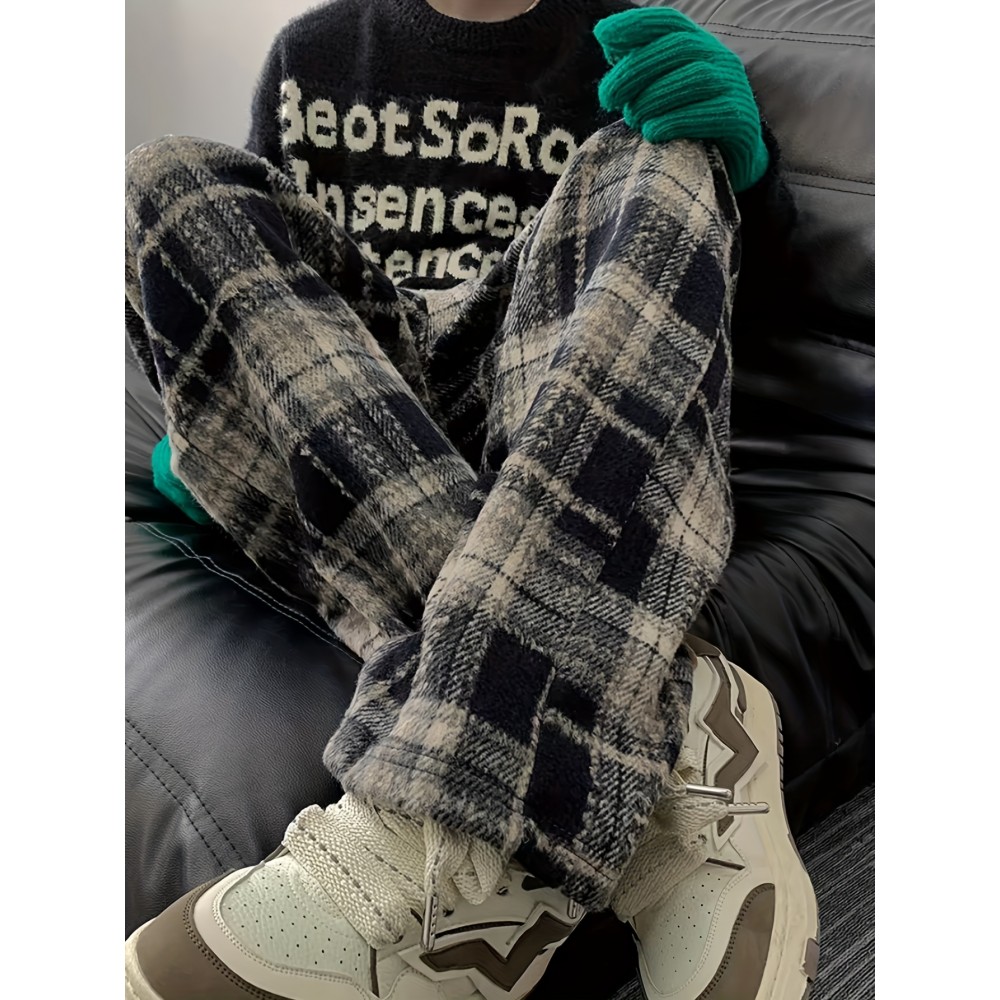 Men's Loose Fit Plaid Trousers, Breathable Comfort, Drawstring & Pockets