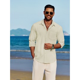 Men'S Polyester Chambray Casual Dress Shirt, Sexy Lapel Collar, Long Sleeve, Solid Color, Slight Stretch Fabric, with Front Slit Hem, Single Breasted Placket, for All-Season Party Wear