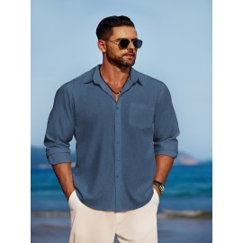 Men'S Polyester Chambray Casual Dress Shirt, Sexy Lapel Collar, Long Sleeve, Solid Color, Slight Stretch Fabric, with Front Slit Hem, Single Breasted Placket, for All-Season Party Wear