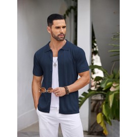 Men'S Summer Casual Knit Button-Down Lapel Shirts - Regular Fit, Slight Stretch Fabric, Solid Color Short Sleeve Casual Shirt with Button Detail