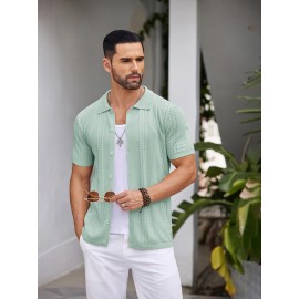 Men'S Summer Casual Knit Button-Down Lapel Shirts - Regular Fit, Slight Stretch Fabric, Solid Color Short Sleeve Casual Shirt with Button Detail