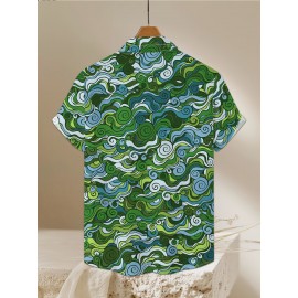 Men's Novelty Geometric Print Button-Up Shirt - Casual, Breathable Polyester, Machine Washable