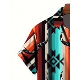 Men's Western Style Bull Skull 3D Print Casual Shirt, Button Front Short Sleeve Top, Men's Clothes For Daily Wear/Party