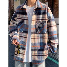 Color Block Plaid Men's Retro Long Sleeve Button Down Shirt With Chest Pockets, Spring Fall Casual Outdoor Loose Shirt