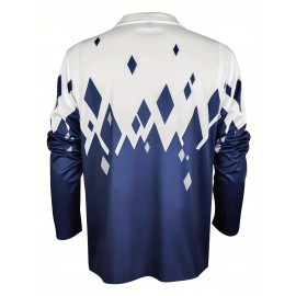 1pc Men'S Geometric-Patterned Polyester Golf Shirt - Knit Fabric with Slight Stretch, Regular Fit, Lapel Collar, Button Details, Long Sleeve, Flip Collar for Fall/Winter - Ideal for Outdoor Sports & Parties