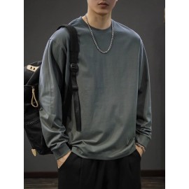 Men's Casual Cotton Long Sleeve T-Shirt - Crew Neck, Loose Fit, Spring & Fall Collection