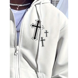 Men's Fashion Cross Print Long Sleeve Hoodie - Classic Zip-Up Design, Casual Style, Ideal For Fall And Winter