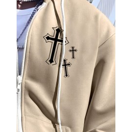 Men's Fashion Cross Print Long Sleeve Hoodie - Classic Zip-Up Design, Casual Style, Ideal For Fall And Winter