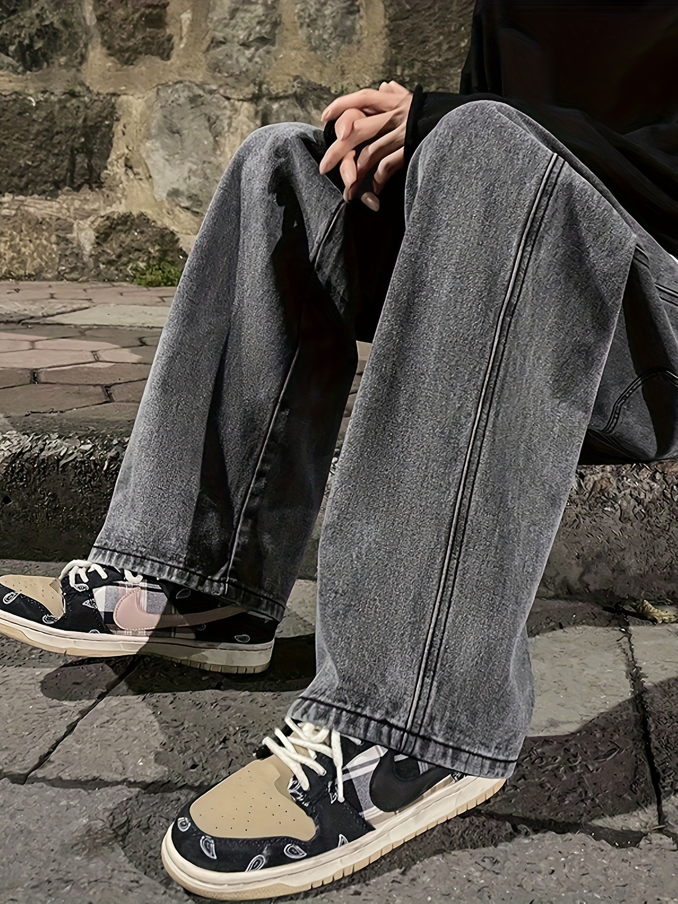 mens fashion solid loose fit straight leg jeans   style denim pants for casual   details 4